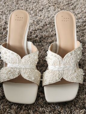 a new day Women's Pearl-Embellished Ivory Slide Sandals
